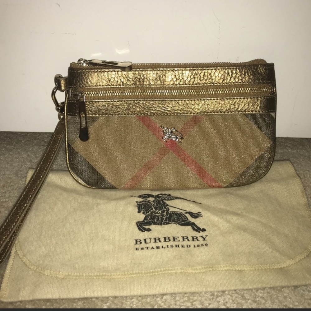 Authentic Burberry Shiny Gold Leather Trim Wristlet.